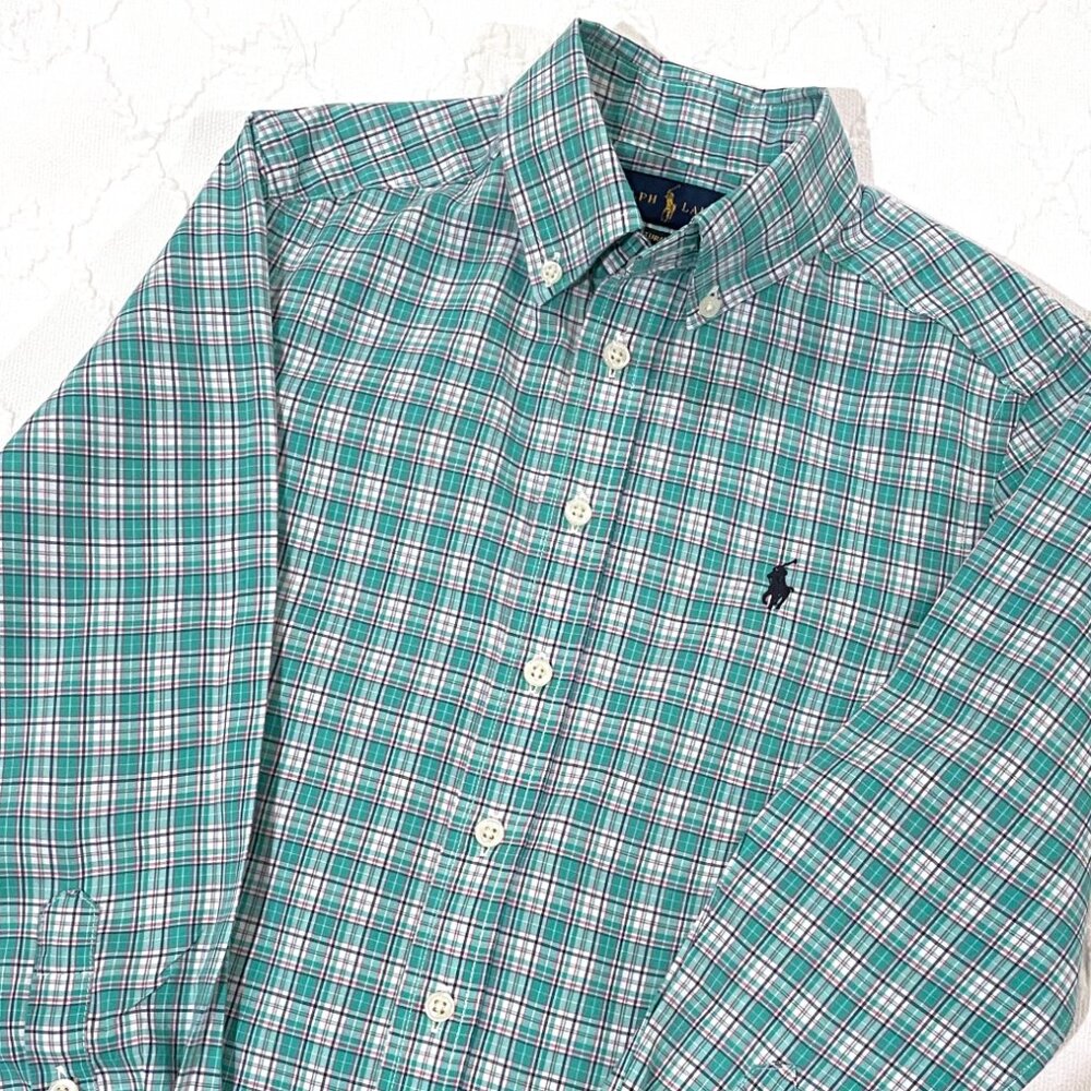 Ralph Lauren Teal White Purple Navy Plaid Long Sleeve Button Up Shirt Size 8 Sm